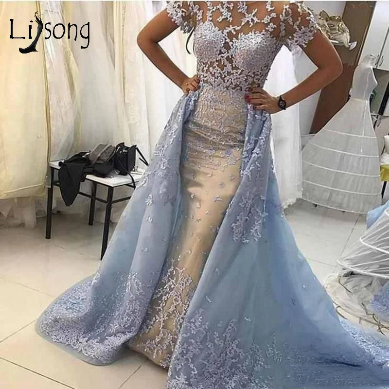 Vintage Sky Blue Lace Mermaid Prom Dresses With Detachable Train Long