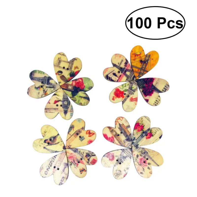 

100 Pcs Colorful Beautiful Buttons Peach Hearts Wood Buttons Assorted Snaps Wooden Snaps for Sewing DIY Crafting Scrapbooking