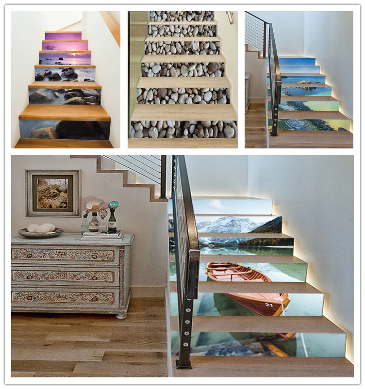 

6pcs/Set PVC 3D Stairway Stickers Ceramic Tiles Pattern for House Stairs Decoration Boat Beach Wall Sticker Stairway waterproof