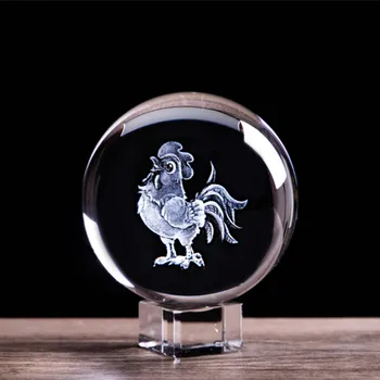 

3D Laser Engraved Zodiac Rooster Figurine Crystal Glass Ball Feng Shui Home Art Collectible Sphere Globe Accessory Birthday Gift
