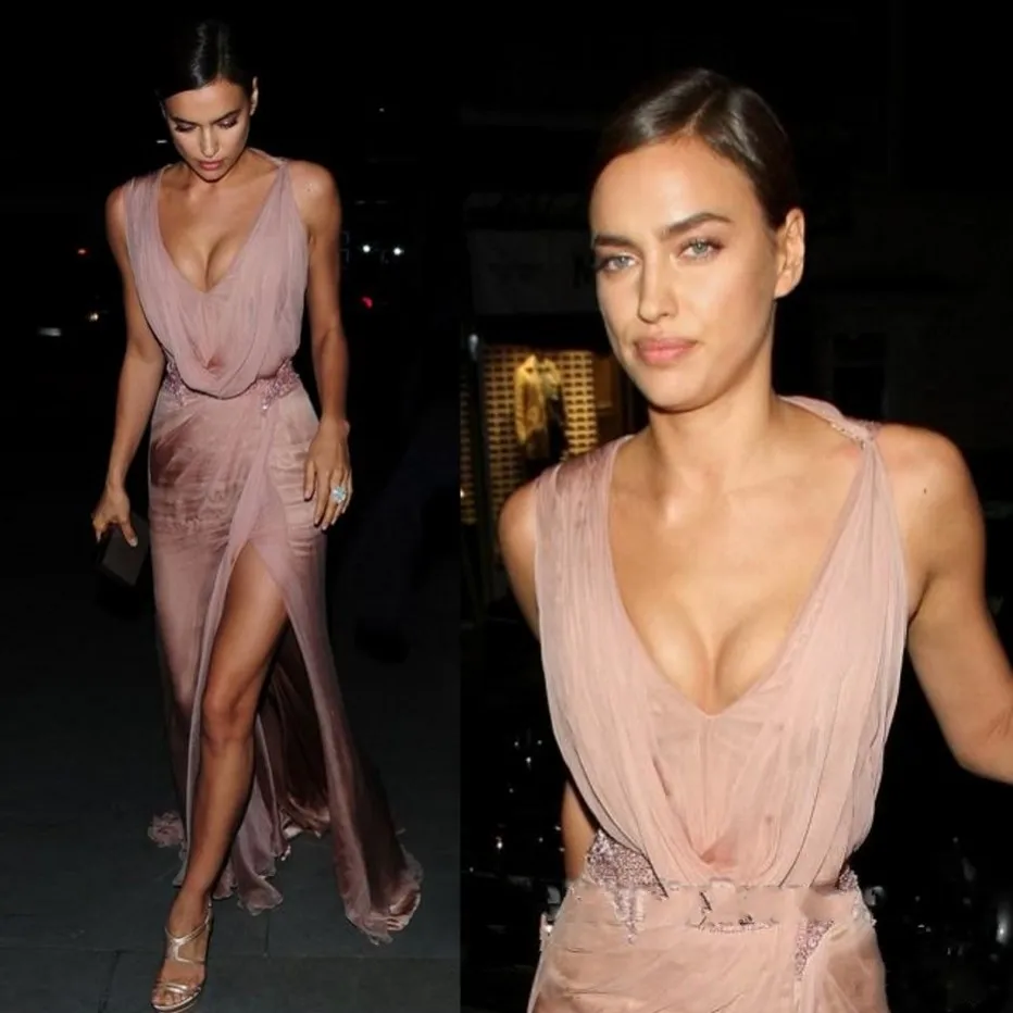 

Modest Formal Dress Appliques Special Designs Prom Gowns Chiffon V Neckline Dusty Pink Long Evening Gown Slit Custom made