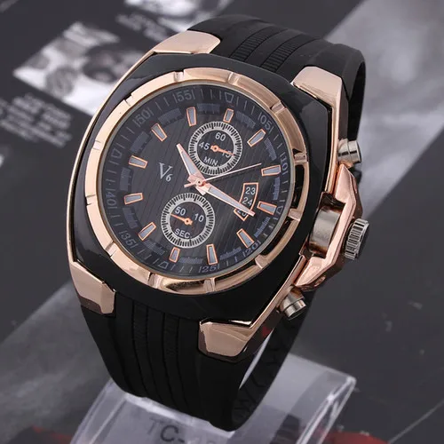

Hot V6 Watch Big Round Dial Black Silicone Quartz Analog Design Men Sport Watch male sports Wristwatch 3 colors mascuion relojes
