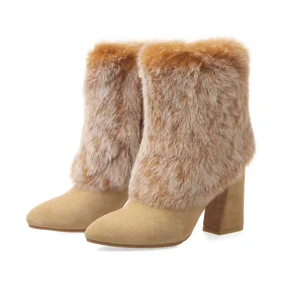 Noir Cheville Lenkisen Bout Femmes gris D'hiver Solide Lapin khaki Nouveau Bottes L83 Garder Neige Mode Fourrure Pointu Talons Épais De Velours Au Lacent Haute Chaud qWwBUrq