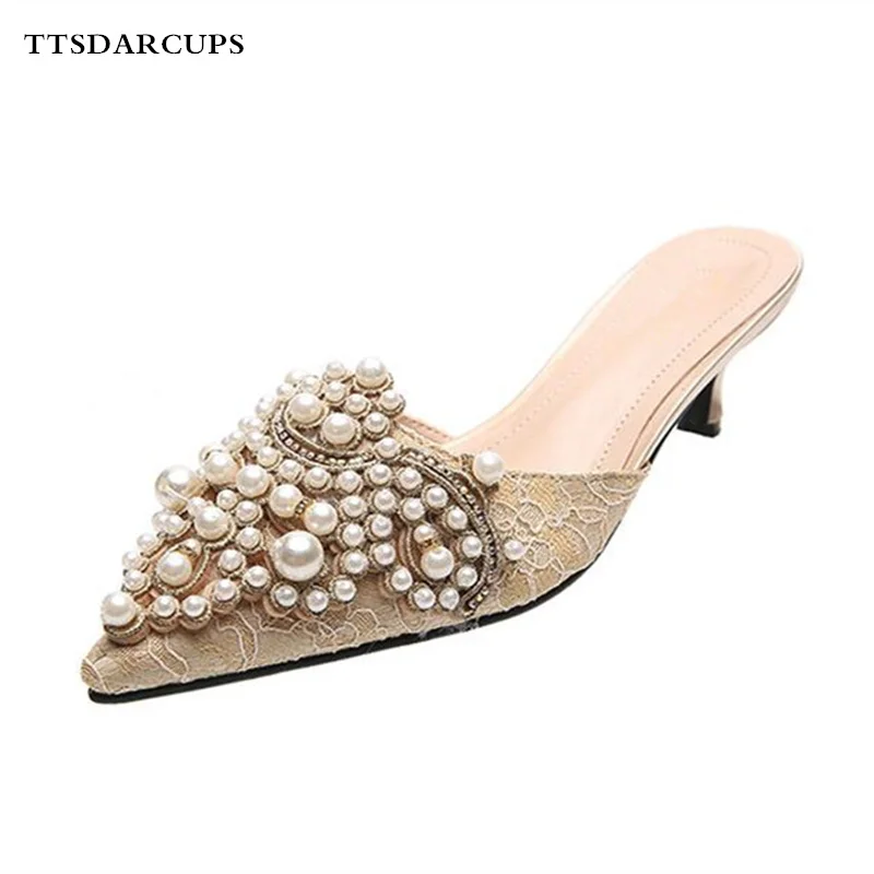 

New Pearl Cusp High heel slippers Simple fashionable lazy shoes Shallow-mouthed Baitao Korean version sandals Plus Size 35-40