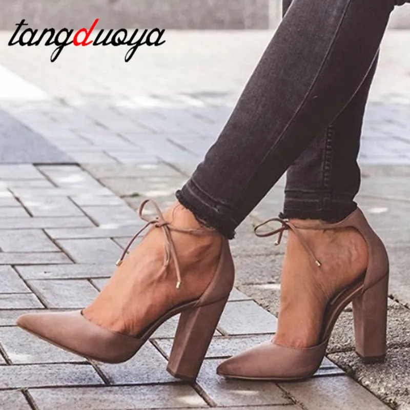 

hot sate Spring Autumn Fashion Shoes Women Pointed Toe Square High Heel Pumps Casual Basic Ankle Strap Wedding Party Zapatos