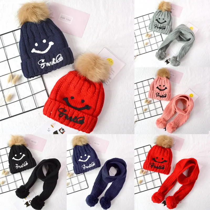 

2019 Fashion Warm Winter Thick Hat&Scarf Sets For Kids Girls 2 Pieces Set Knitted Hat&Scarf Unisex Hat Scarf Set For Baby