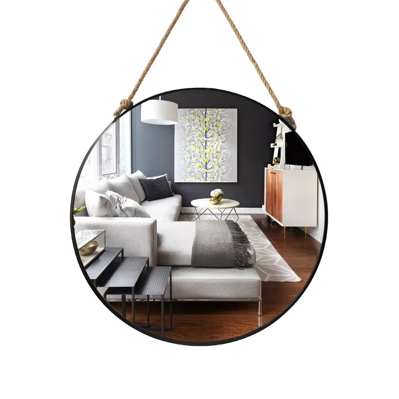 Espejo colgante de pared de Metal Retro con cuerda de cáñamo Espejos decorativos para baño maquillaje creativo espejos de hierro de afeitar grandes 50 cm