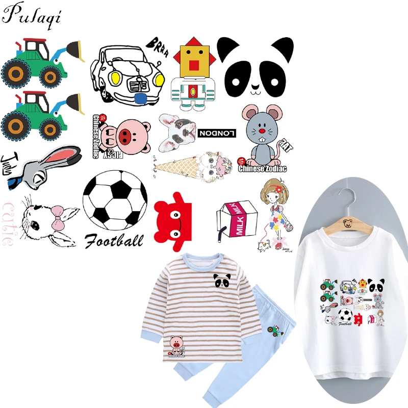 

Pulaqi New Children Cartoon Unicorn Ballon Iron On Transfer Cute Patches Panda football Heat Thermal Transfer For Kids Clothes F