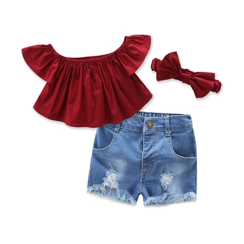

Baby Girls pants Dark Red Tops+Denim Shorts +headband 3pcs Set 2018 Summer Casual Clothes Set Children Clothing for size 1-6Y