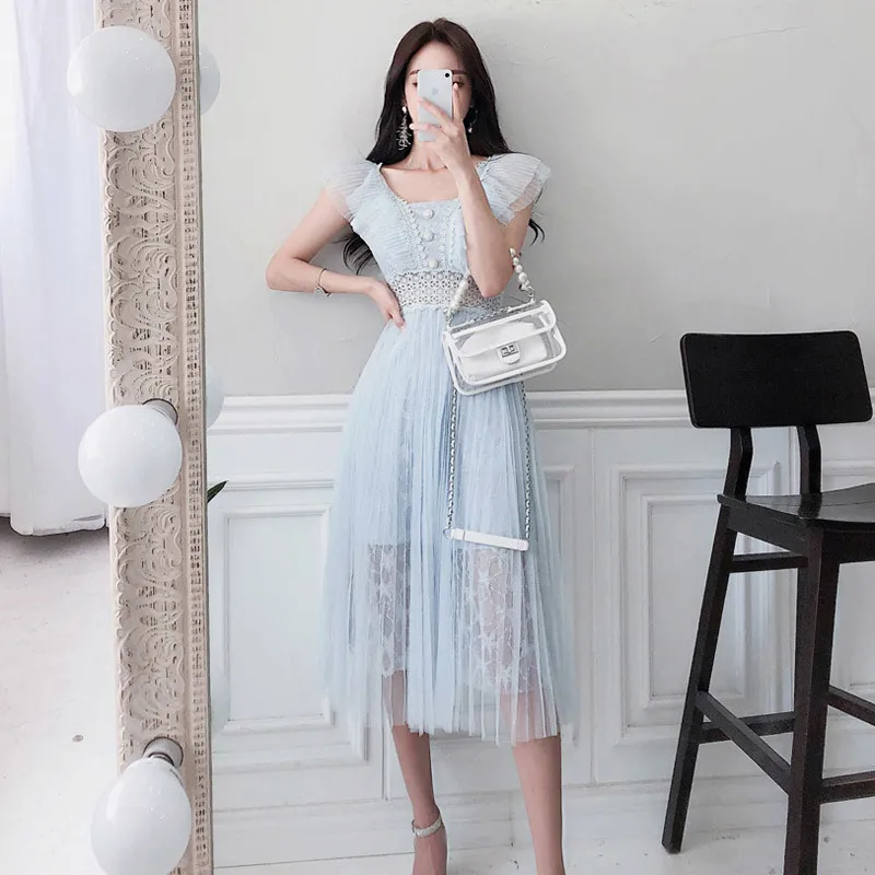 

2019 SUMMER Sweet Ladies Dress Female Clothing Sexy Hollow Out Lace mesh Patchwork Casual Women party Dress vestidos robe femme