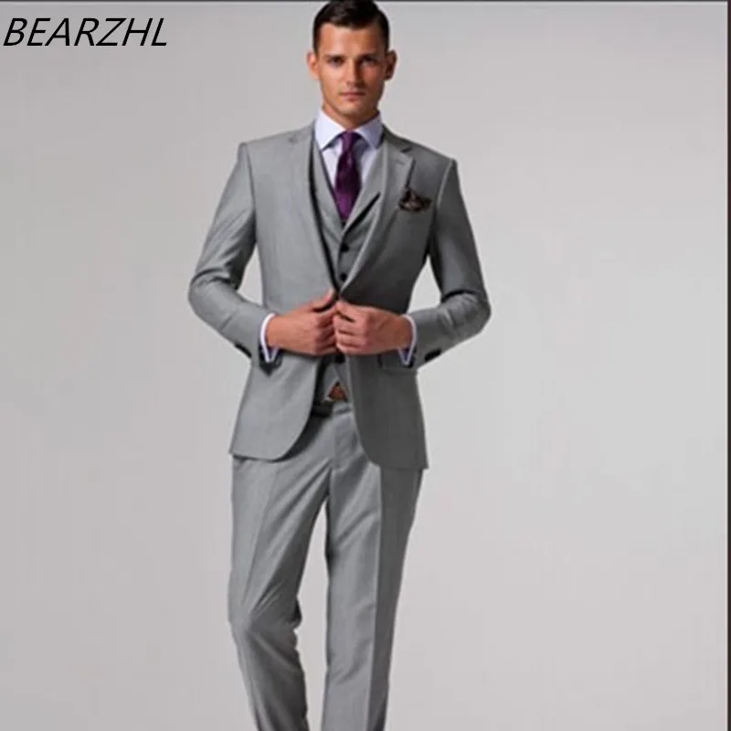 Herenpak, slimfit, 3-delig pak, herenpak, colbert voor bruiloft, zakelijk, lichtgrijs, XXL