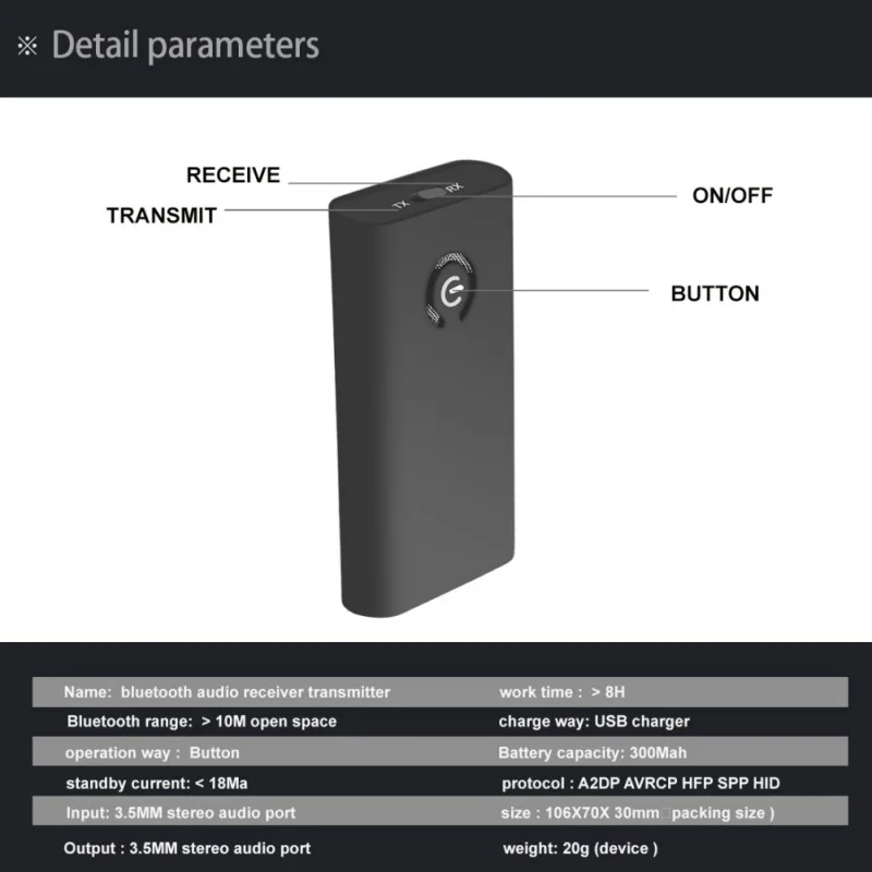 B9 Wireless Bluetooth Transmitter Receiver 3 5mm Stereo Audio Adapter Output for Headphones TV PC 2 in 1 Transceiver Adapter