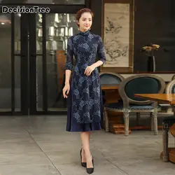 2019 Новый темно-синие стиль аозай старинные этнические aodai Полный китайское платье-Ципао с рукавами женские шелковые длинные cheongsams платье