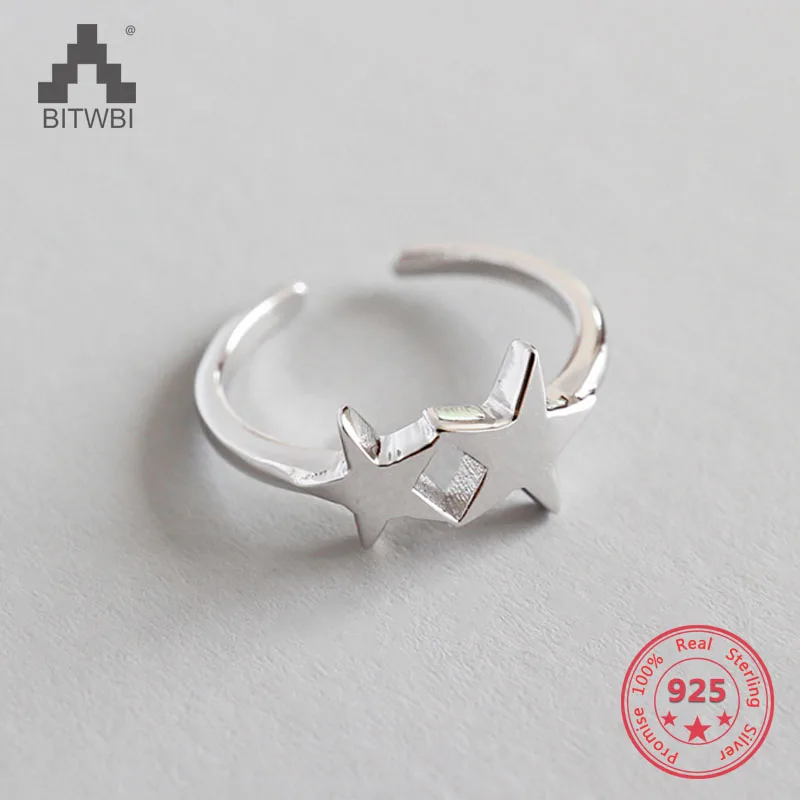 

925 Sterling Silver Double Star Open Rings For Women Lady Fashion Jewelry