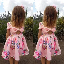 Вечерние платья принцессы для маленьких девочек с цветочным принтом и бантом, с открытой спиной, с короткими рукавами, нарядное платье, наряд, платья для дня рождения