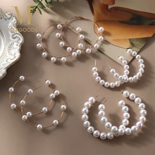 Boho White Imitation Pearl Round Circle Hoop Earrings Women Gold Color Big Earings Korean Jewelry Brincos Statement Earrings
