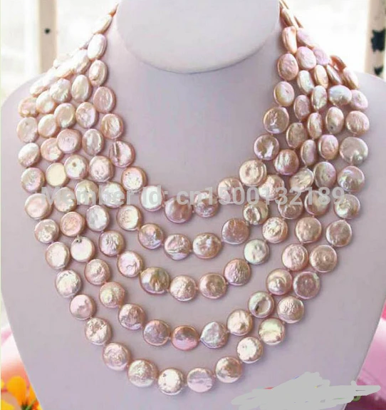 

free shipping LONG 80" 14MM PINK COIN FRESHWATER CULTURED PEARL NECKLACE