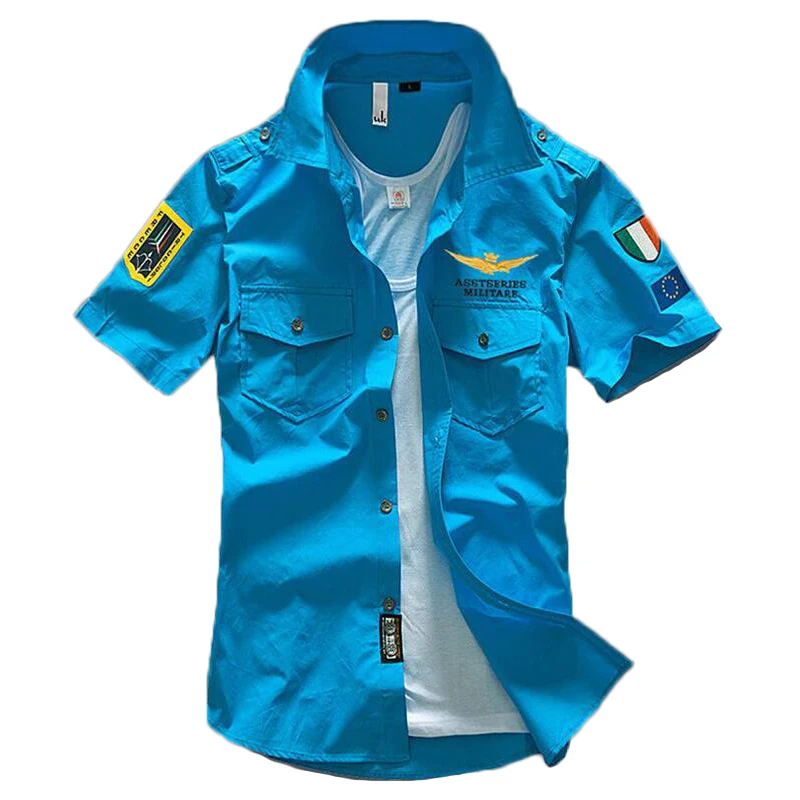 

100% Cotton Shirts Men Air Force Embroidered MA1 Short Sleeve Shirt Mens Army Tee Summer Camisas Chemise Homme Blusas Shirt