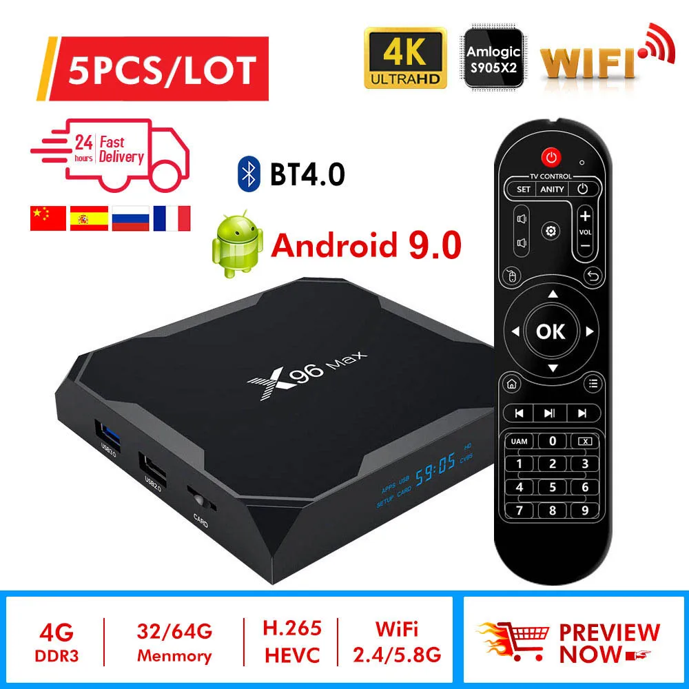 

5pcs X96 Max Smart tv box Android 9.0 2.4G/5G Wifi Bluetooth 4.0 S905X2 Quad Core 4K Netflix Player X96max Set-Top Box