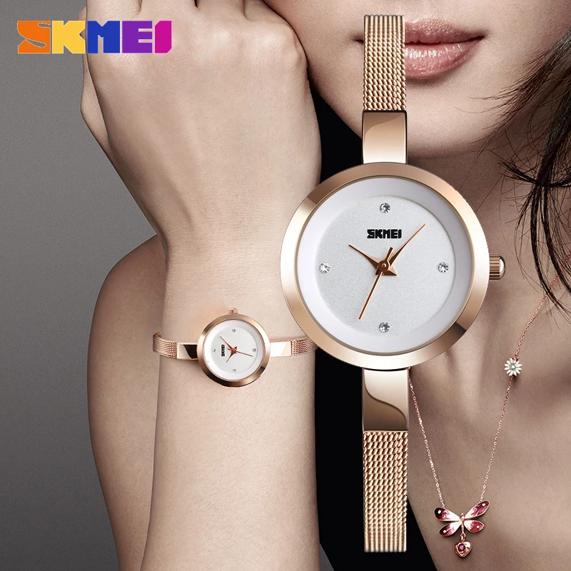 

2018 SKMEI Ultra-thin Simple Small Dial Full Stainless Steel Quartz Watch for Women Rose Golden Silver Case Daily Dress Watches