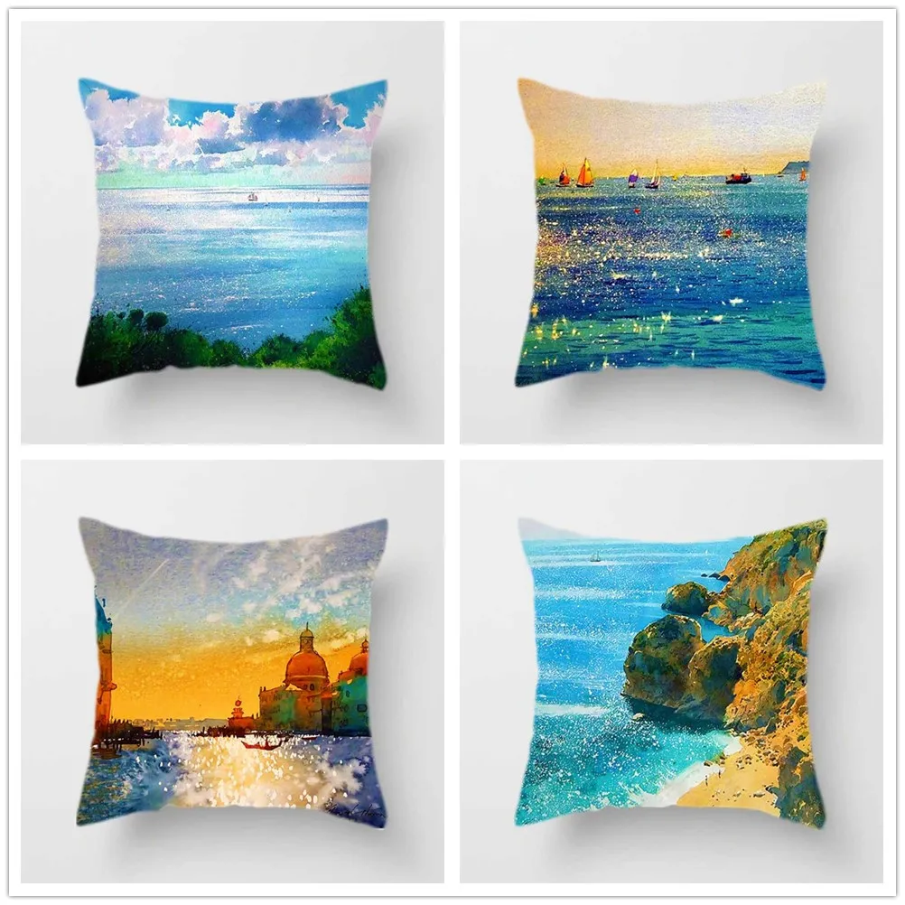 

Offing Scenery Polyester Cushion Cover Sea Sailboat Pattern Decorative Pillow Case for Car Sofa Bed Home Living Room Decor 45x45