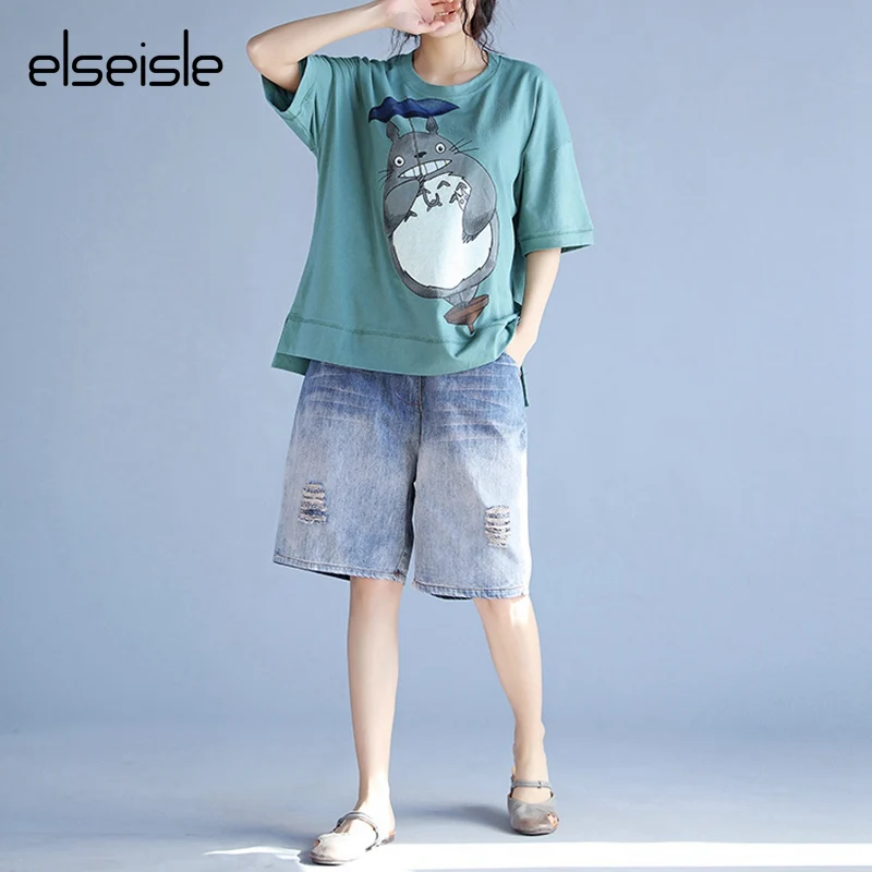 Elseisle Kawaii Totoro футболки женские 2017 желтые летние топы Harajuku Свободная белая Милая