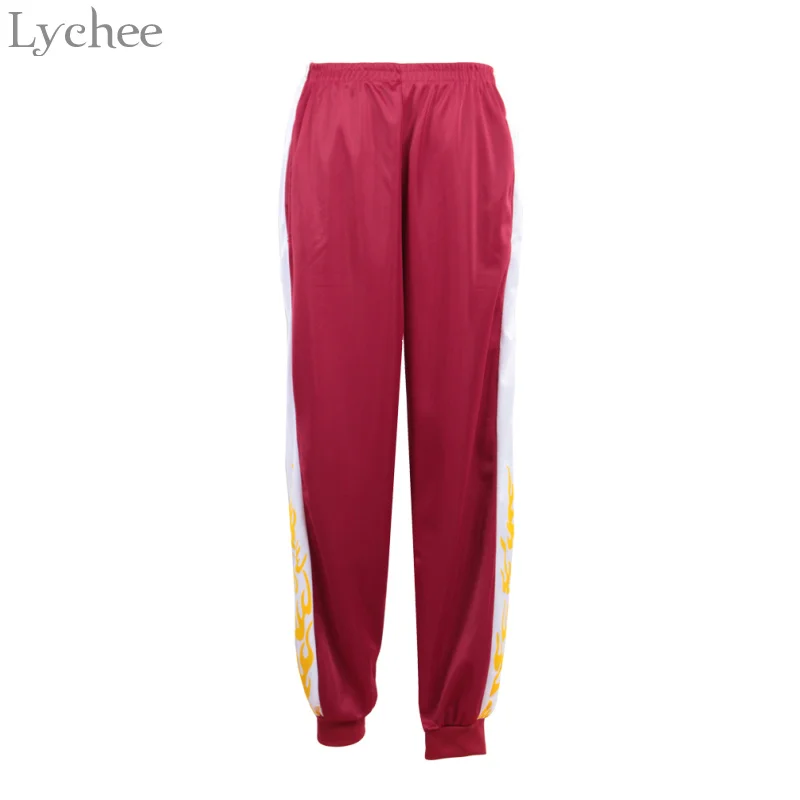 

Lychee Harajuku Vintage Women Pants Patchwork Fire Print Spring Autumn Elastic Waist Full Length Trousers