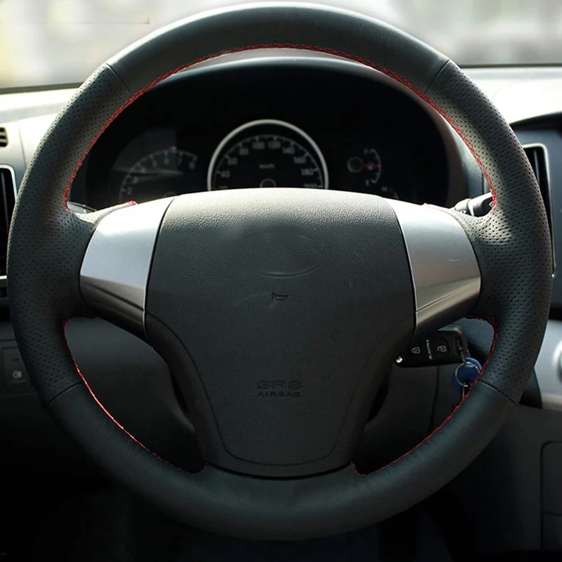 

Free Shipping High Quality cowhide Top Layer Leather handmade Sewing Steering wheel covers protect For Hyundai Elantra