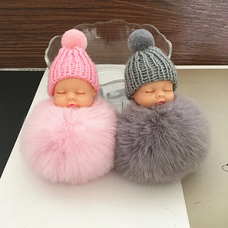

Sleeping Baby Doll Keychain Pompom Faux Rabbit Fur Ball Baby Toy Women Trinket Bag Charms