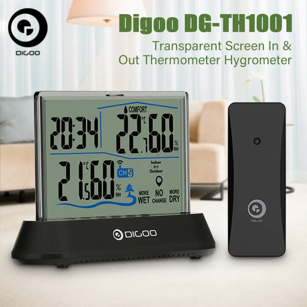 

Digoo DG-TH1001 Hygrometer Thermometer Wireless Transparent Screen Indoor&Outdoor Indicator Sensor Clock