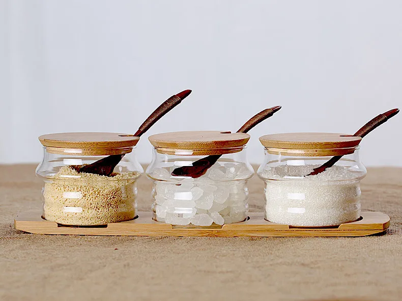 Clear Glass Condiment Spice Jars, Serving Wood Spoons &Wood Display
