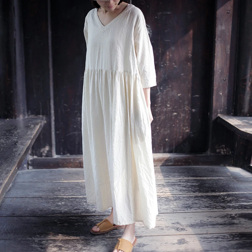 

Johnature Vintage Solid Color Half Sleeve High Waist Long Dresses V-Neck Loose 2019 Summer Women Cotton And Linen Dresses
