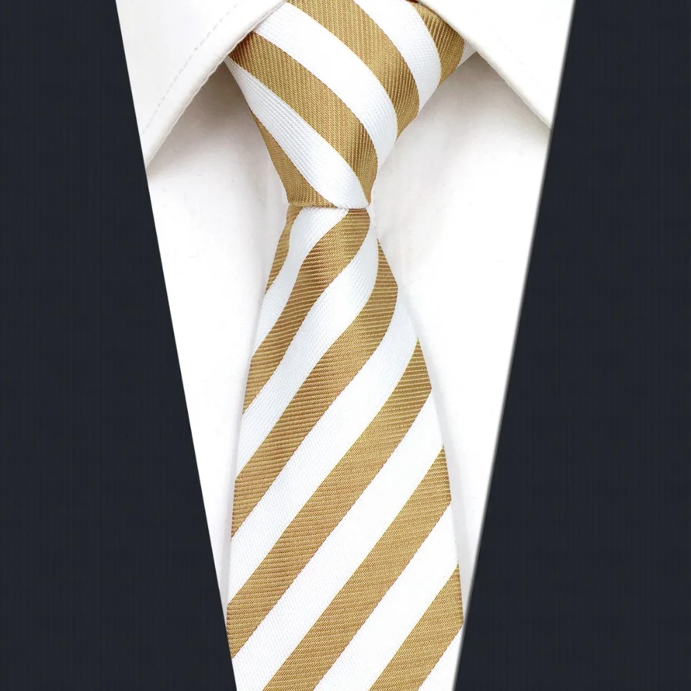 D35 Gold White Striped Silk Men Skinny Necktie Fashion Dress Slim Brand New Classic Ties for