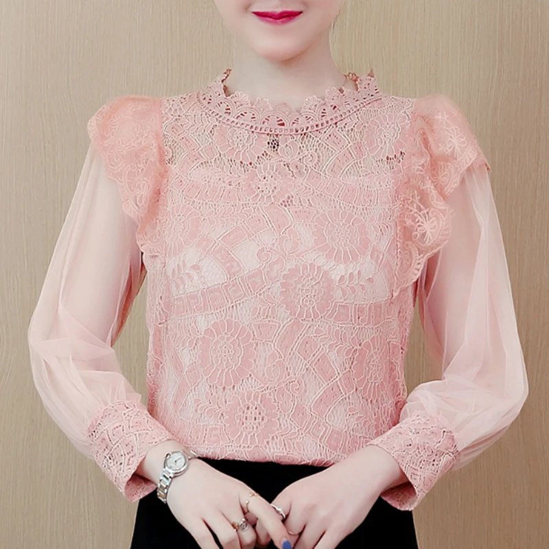 

fashion woman blouses 2019 long sleeve chiffon lace blouse women shirts elegant pink blouse women womens tops and blouses B672