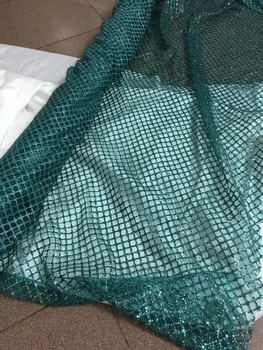 

Teal colour silver glitter sequins glued embroidery african tulle mesh fabric