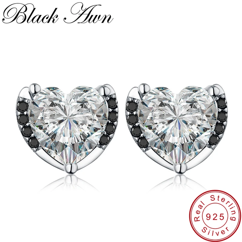 

[BLACK AWN] Genuine 3.3g 925 Sterling Silver Jewelry Heart Black Spinel Stone Engagement Stud Earrings for Women T095