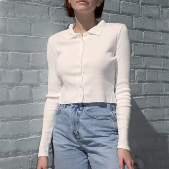 

Women Ribbed Long Sleeve Collared Button Up Top With Raw Edge Hem Button Up Cardigan