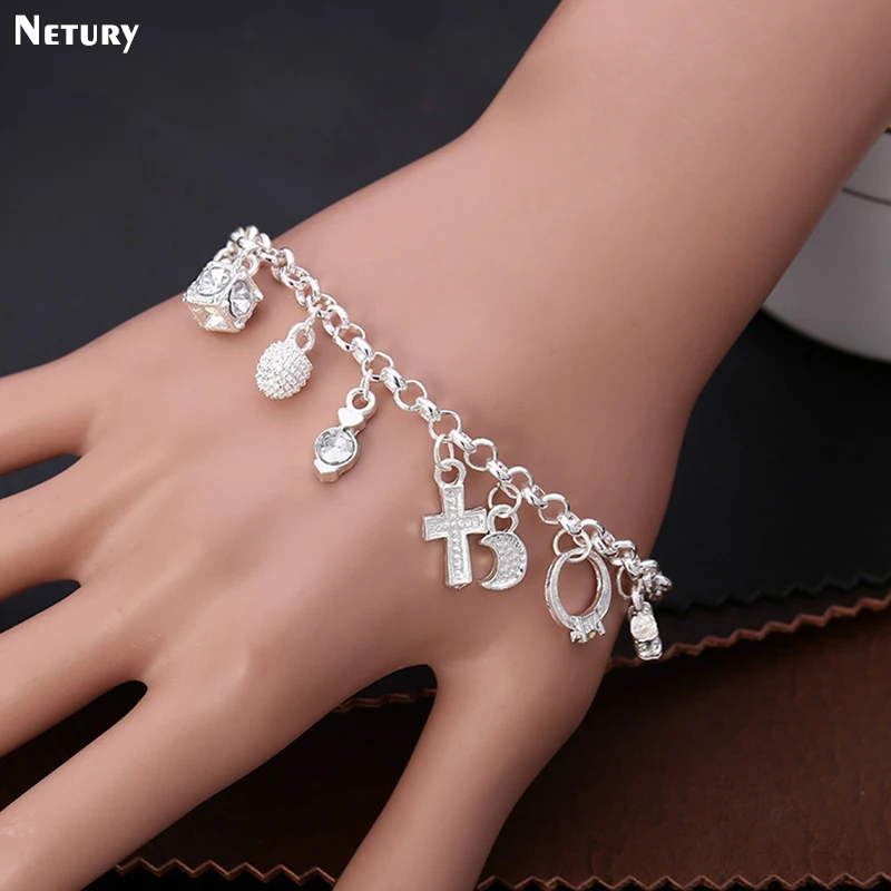 

hiphop brand Women casual Bracelets fashion cross key star heart multi-element Pendant Bracelets hot funny 925 silver jewelry