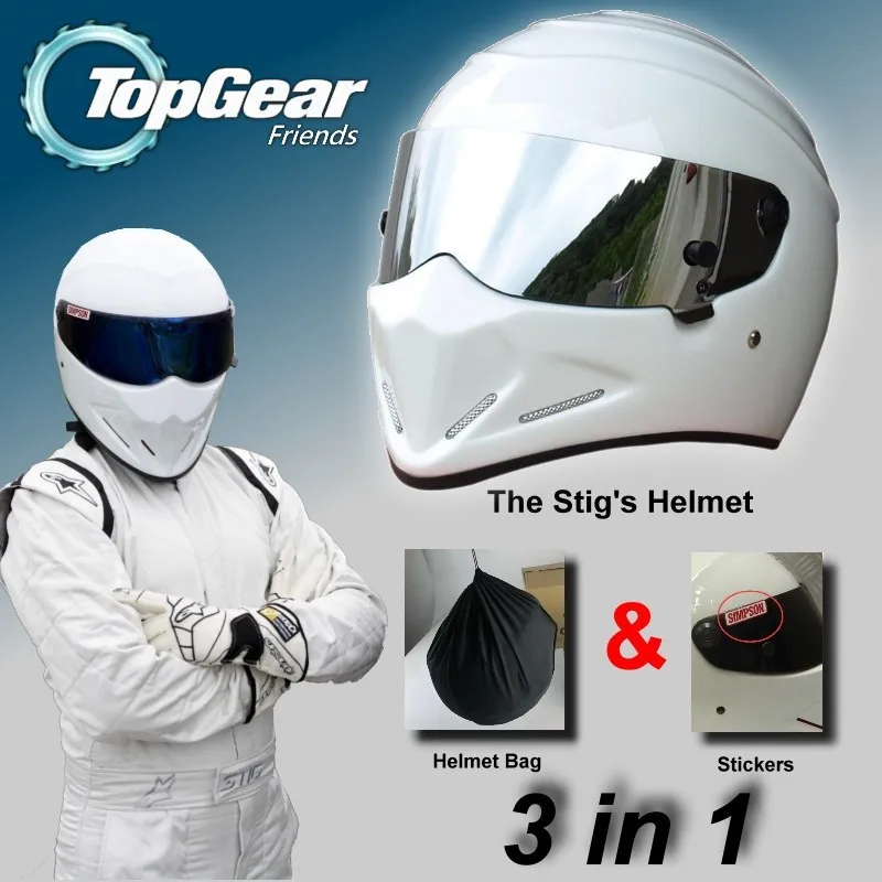 Для TopGear stig-белый шлем Capacete Casco+ сумка+ наклейка "Simpson" 3в1/белый шлем с серебристый козырек/гоночный стиль