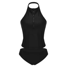 Одноцветный сексуальный купальник с открытой спиной на молнии спереди из двух частей, женский купальник с воротником-чокер, Холтер, пуш-ап бикини, монокини, танкини