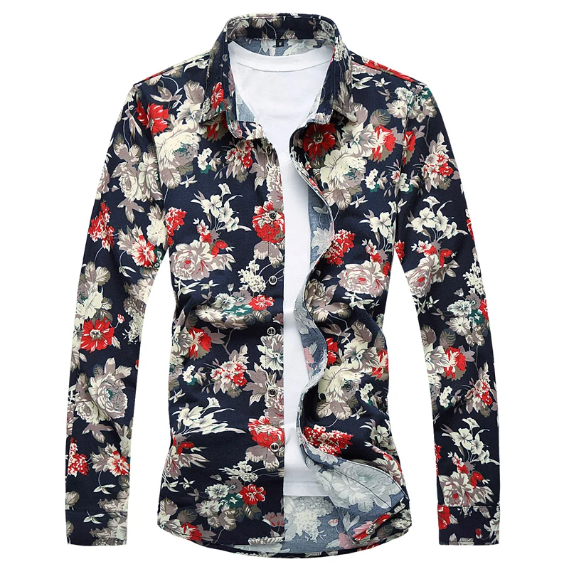 New Arrivals Mens Floral Print Shirt Plus Size Long Sleeve Casual Nightclub Overalls