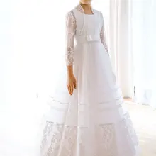 Новое Прибытие Высокого Качества Белый Кот С Курткой Шнурка Ленты Длинные Цветочные Платья для Свадьбы Vestidos Де Comunion