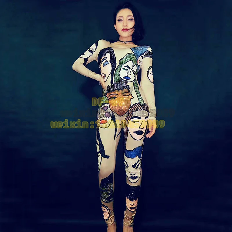 

Bars nightclubs Rhine stone man face pattern long-sleeved tunic suit high-end sexy female jazz dance pole dancer DJ stage costum