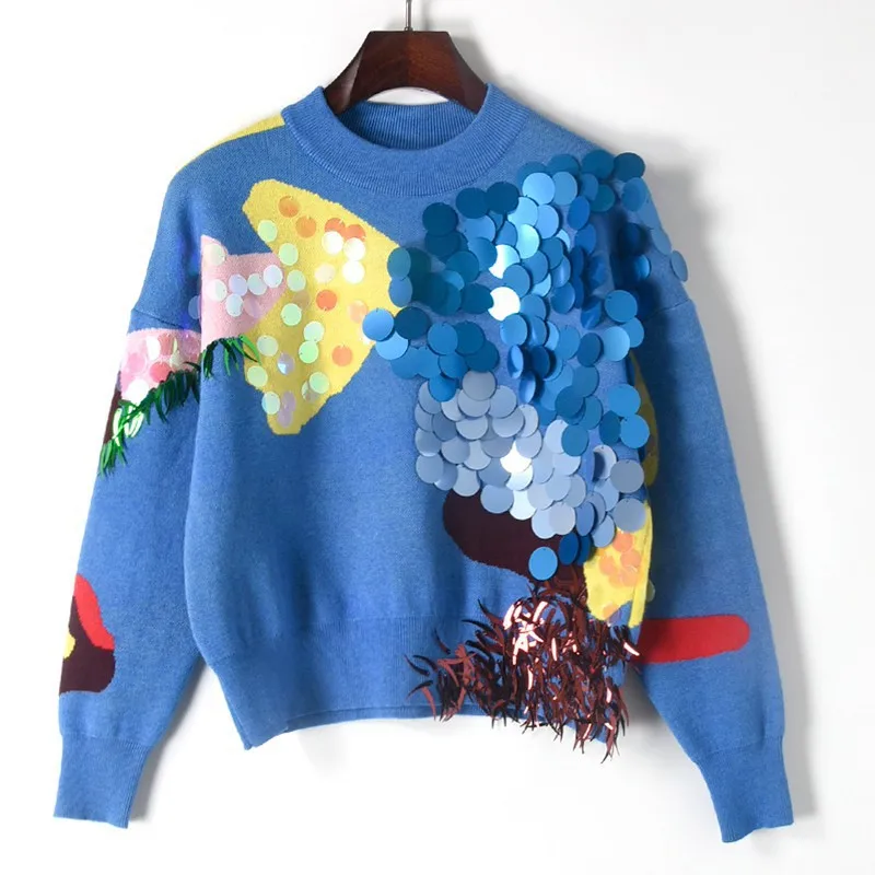 2020 Spring New Fashion Women Short Sweaters Full Sleeve O-Neck Sequined Blue Pullovers Computer Knitted Pageant | Женская одежда