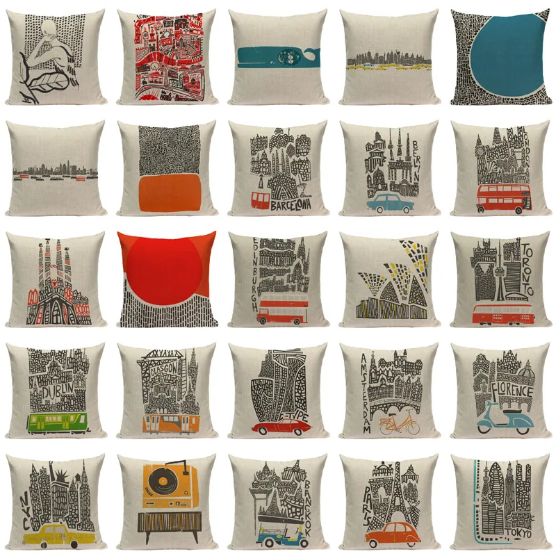 

High Quality Cushion Cover Creative Building Car Linen Cotton Printed Pillow Case Sofa Bed Chair Home Decor Throw Pillow Cover