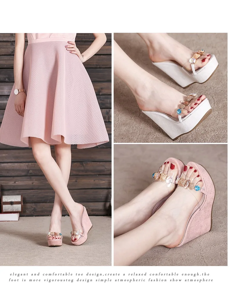 3_New 2018 Wedges Slippers Female Summer Fashion High-heeled Platform Rhinestones Small Size Shoes Pink White Black