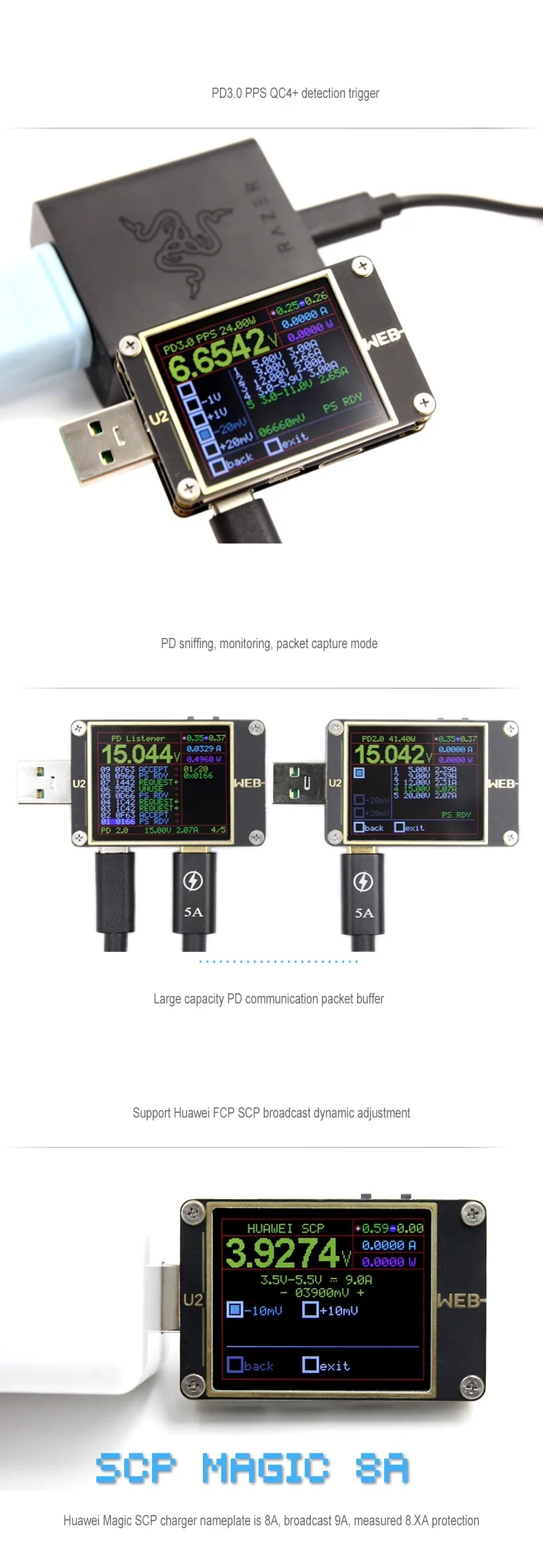 WEB-U2 Current And Voltage Meter USB Tester QC4+ PD3.0 2.0 PPS Fast Charging Protocol Capacity Test