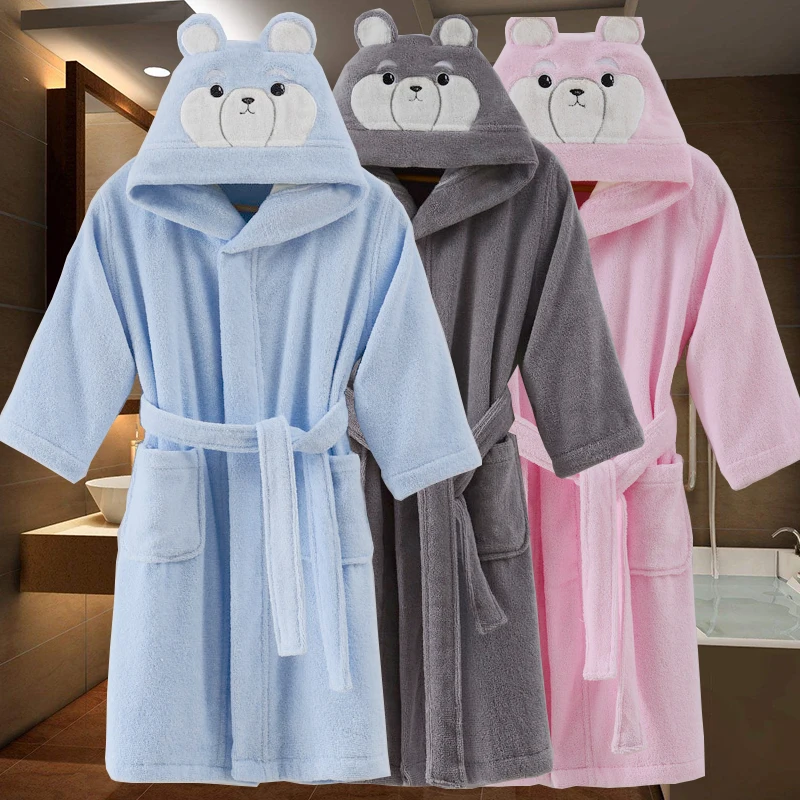 

Kids Bathrobes Winter Children's Bathrobe Solid Color Cotton Bathgrowns for Big Boys Girls Soft Belt Pyjamas Christmas gift