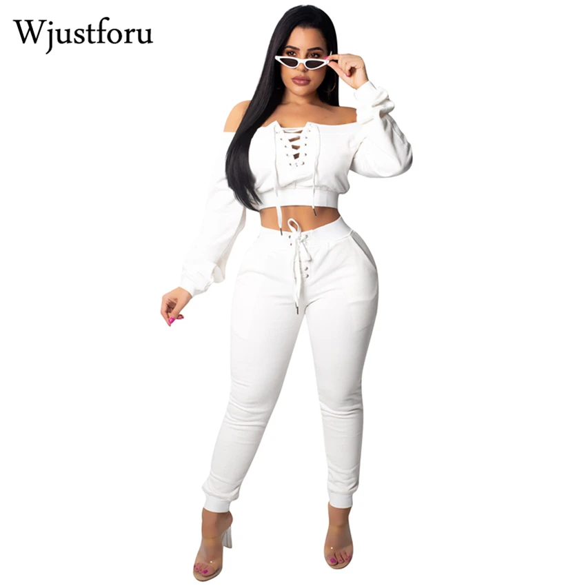 

Wjustforu White Elegant Bandage 2 Piece Set Women Off Shoulder Sexy Casual Two Piece Set Bodycon New Autumn Tracksuit Female