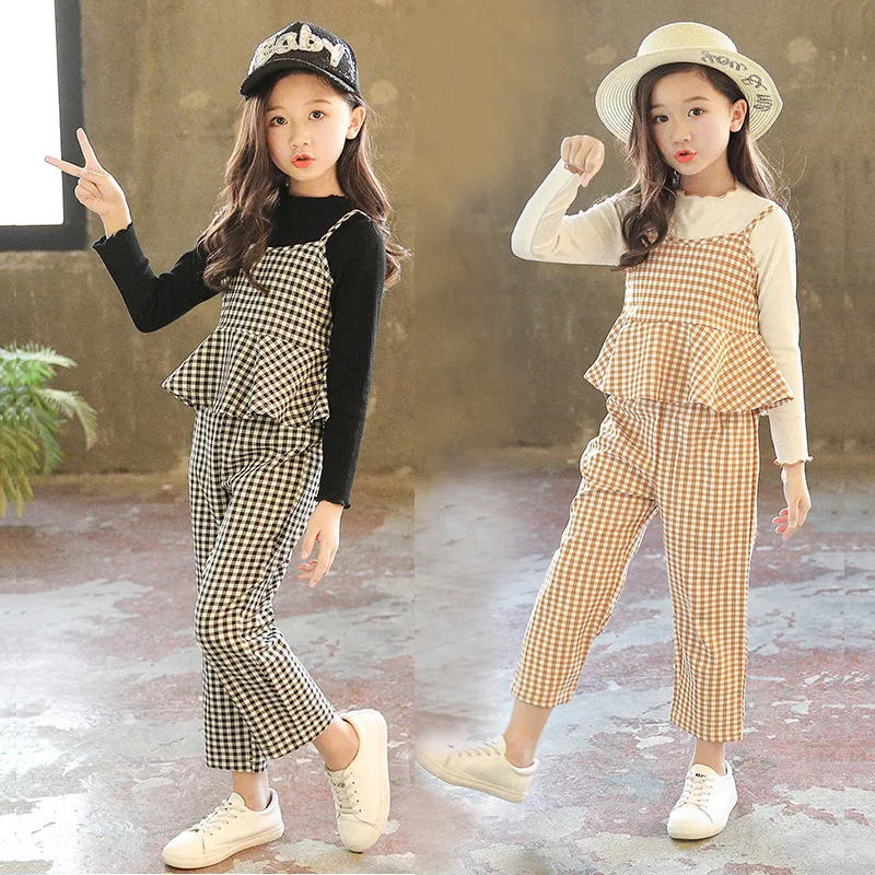 

2018 Kids Autumn Clothes Baby Girls 3pcs Clothes Set For Children Clothing Suit T-shirts + Plaid Vest + Pants Trousers 10 12 14